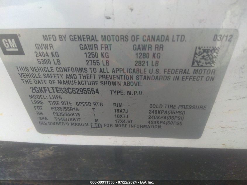 2012 GMC Terrain Sle-2 VIN: 2GKFLTE53C6295554 Lot: 39911330