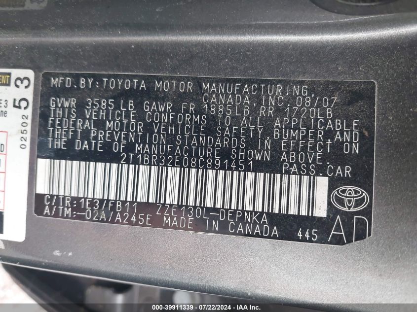 2008 Toyota Corolla Le VIN: 2T1BR32E08C891451 Lot: 39911339