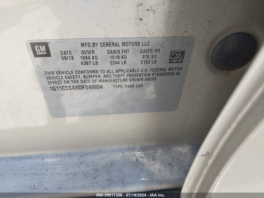 2013 Chevrolet Malibu 1Lt VIN: 1G11C5SA8DF349904 Lot: 39911356