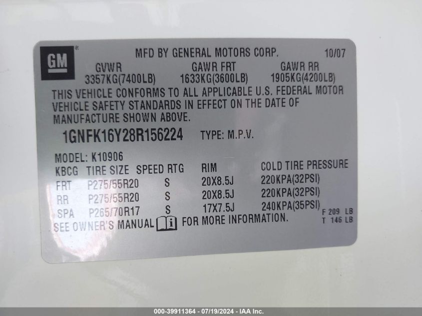 2008 Chevrolet Suburban 1500 Ltz VIN: 1GNFK16Y28R156224 Lot: 39911364
