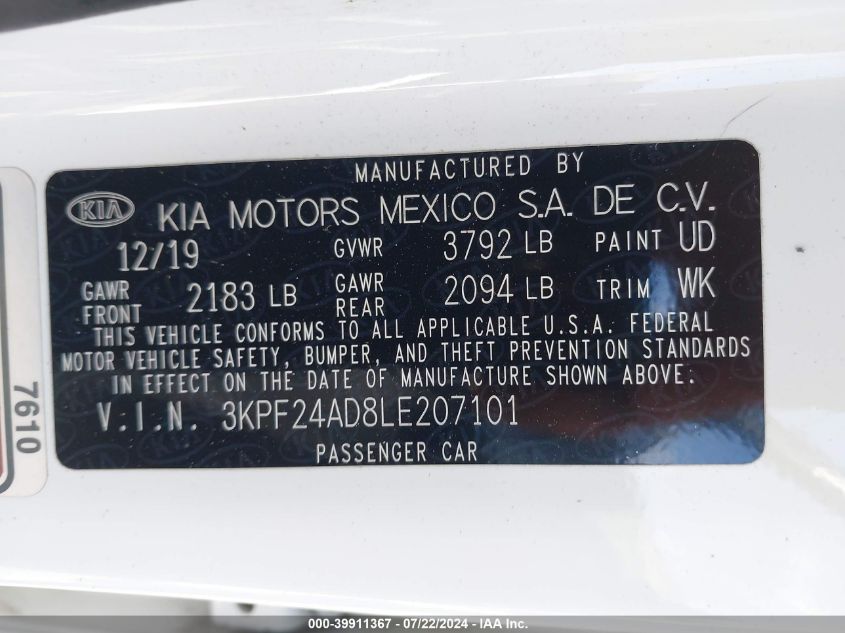 2020 Kia Forte Lxs VIN: 3KPF24AD8LE207101 Lot: 39911367