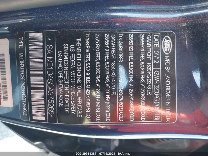 2012 Land Rover Range Rover Hse VIN: SALME1D45CA375265 Lot: 39911387