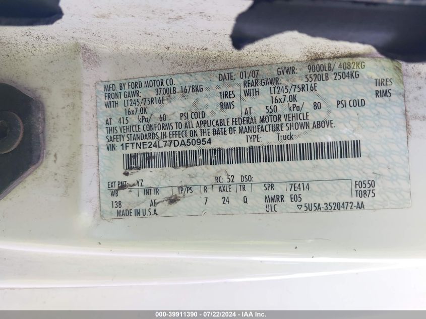 2007 Ford E-250 Commercial/Recreational VIN: 1FTNE24L77DA50954 Lot: 39911390