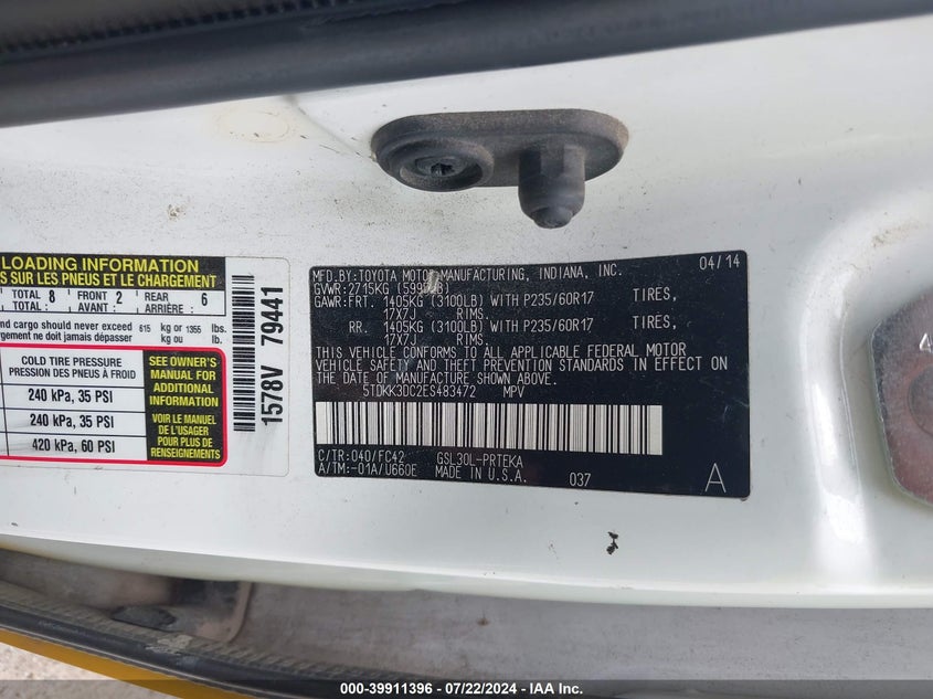 2014 Toyota Sienna Le V6 8 Passenger VIN: 5TDKK3DC2ES483472 Lot: 39911396