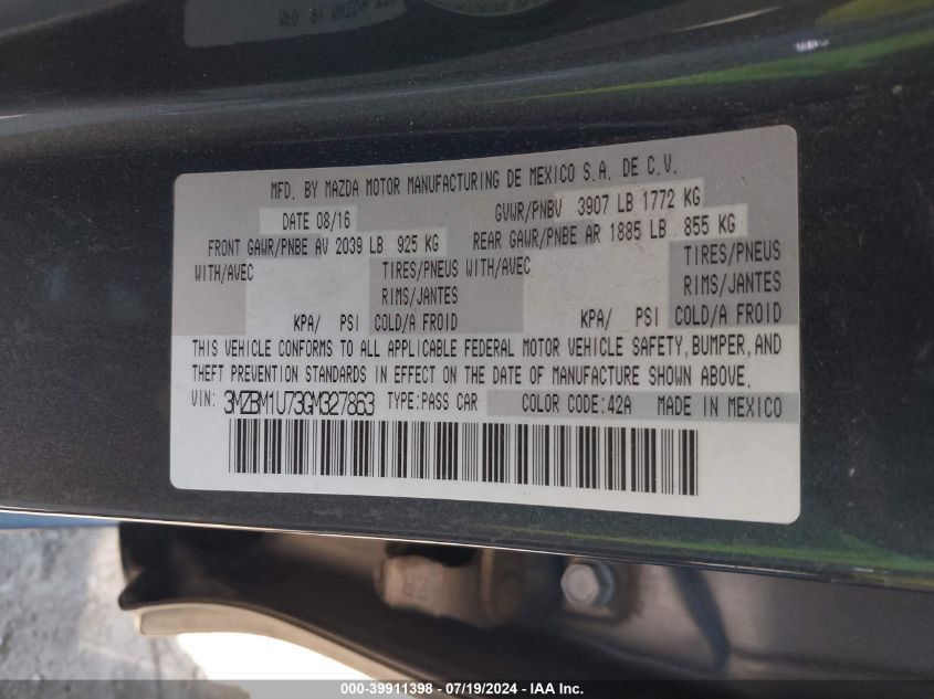 2016 Mazda Mazda3 I Sport VIN: 3MZBM1U73GM327863 Lot: 39911398