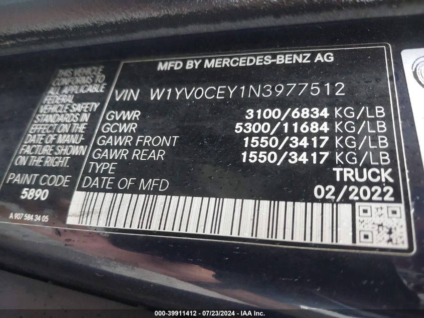 2022 Mercedes-Benz Metris VIN: W1YV0CEY1N3977512 Lot: 39911412