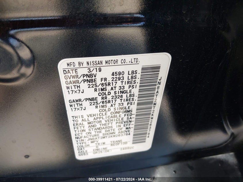 VIN JN8AT2MT2KW263784 2019 NISSAN ROGUE SV