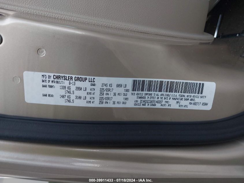 2014 Dodge Grand Caravan Sxt VIN: 2C4RDGCG0ER146697 Lot: 39911433