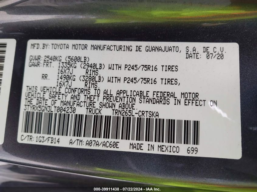 2020 Toyota Tacoma Sr VIN: 3TYRX5GN3LT004230 Lot: 39911438
