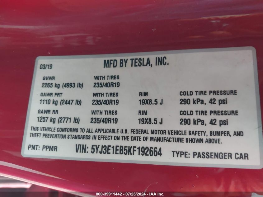 5YJ3E1EB5KF192664 2019 Tesla Model 3 Long Range/Performance