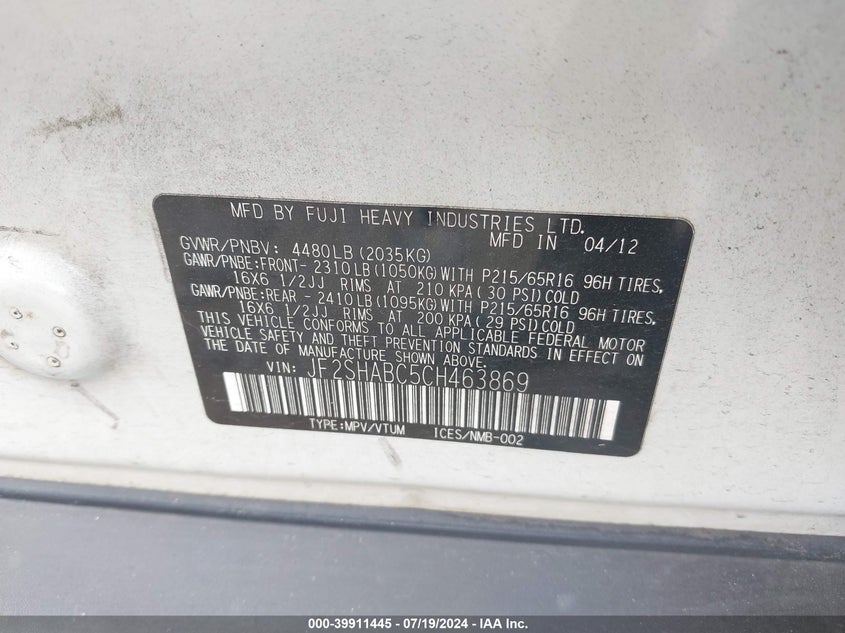 2012 Subaru Forester 2.5X VIN: JF2SHABC5CH463869 Lot: 39911445