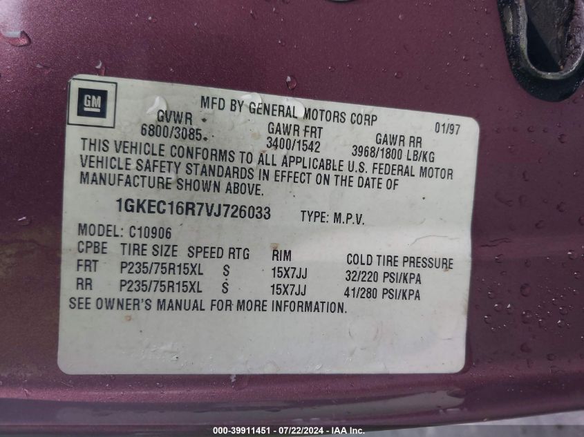 1997 GMC Suburban 1500 Sl VIN: 1GKEC16R7VJ726033 Lot: 39911451