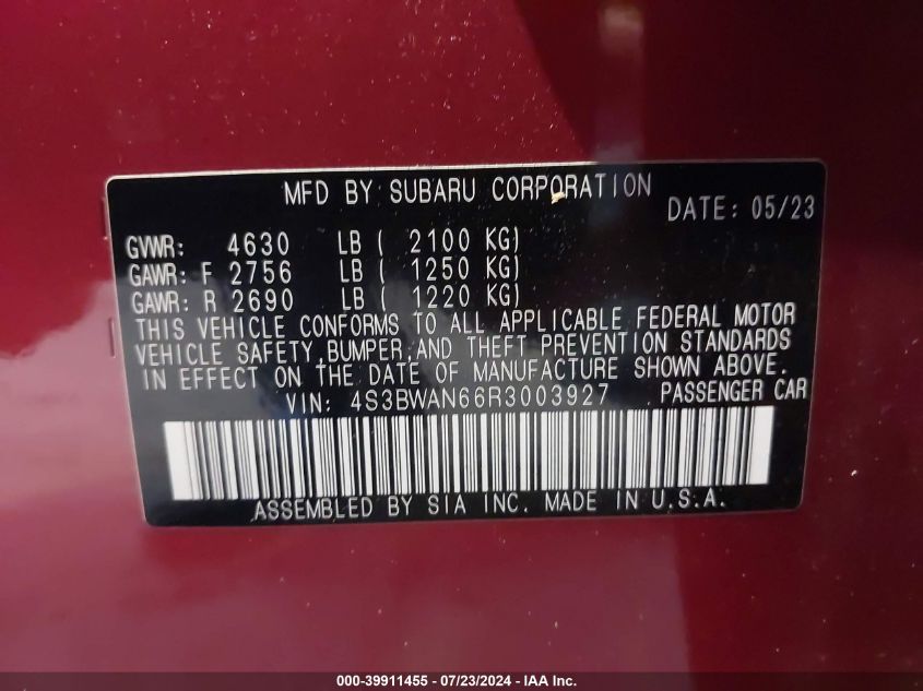 2024 Subaru Legacy Limited VIN: 4S3BWAN66R3003927 Lot: 39911455