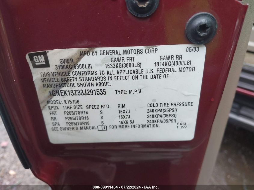 2003 Chevrolet Tahoe Ls VIN: 1GNEK13Z33J291535 Lot: 39911464