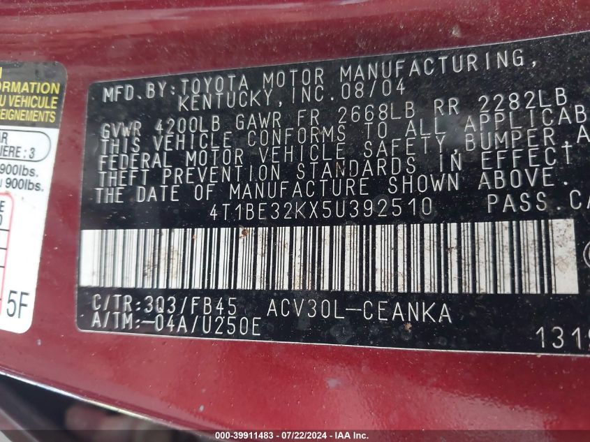 2005 Toyota Camry Le VIN: 4T1BE32KX5U392510 Lot: 39911483