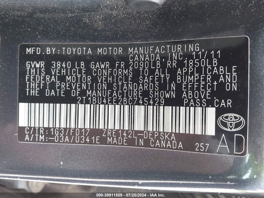 2011 Toyota Corolla S VIN: 2T1BU4EE2BC745429 Lot: 39911509