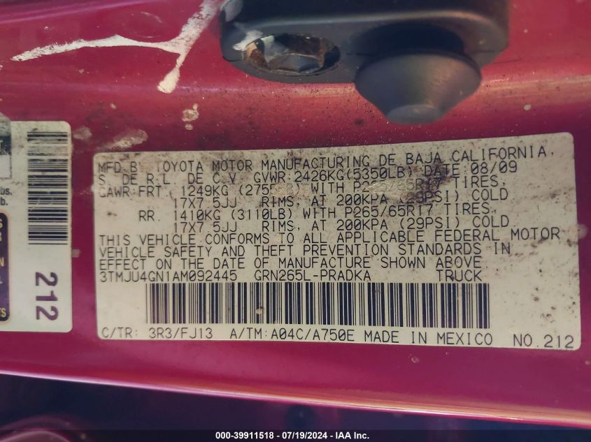2010 Toyota Tacoma Double Cab Prerunner VIN: 3TMJU4GN1AM092445 Lot: 39911518