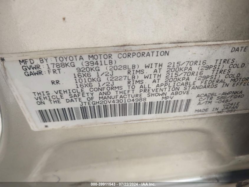 2003 Toyota Rav4 VIN: JTEGH20V430104988 Lot: 39911543