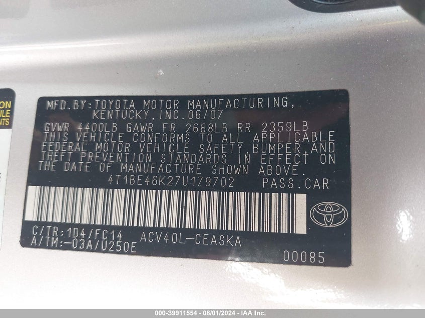 2007 Toyota Camry Se VIN: 4T1BE46K27U179702 Lot: 39911554