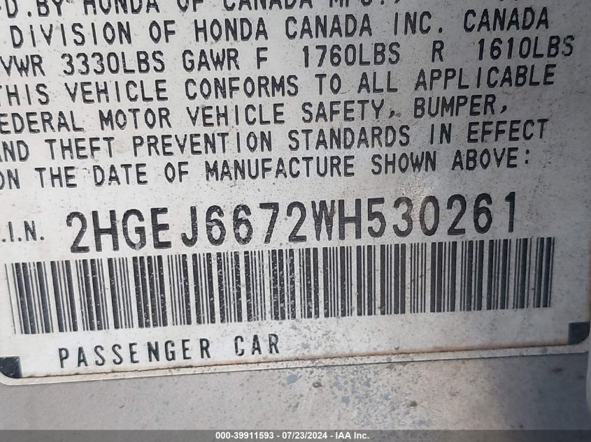 1998 Honda Civic Lx VIN: 2HGEJ6672WH530261 Lot: 39911593