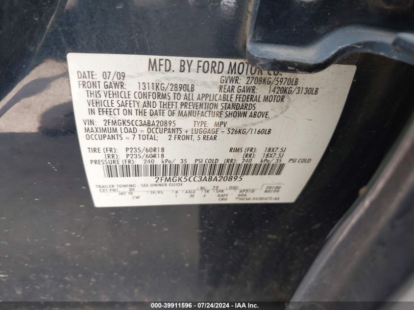 2010 Ford Flex Sel VIN: 2FMGK5CC3ABA20895 Lot: 39911596