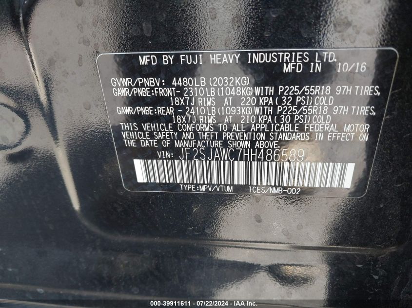2017 Subaru Forester 2.5I Touring VIN: JF2SJAWC7HH486589 Lot: 39911611