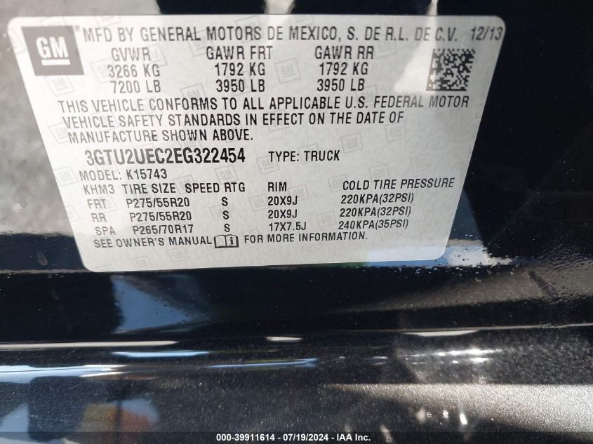 2014 GMC Sierra 1500 Sle VIN: 3GTU2UEC2EG322454 Lot: 39911614