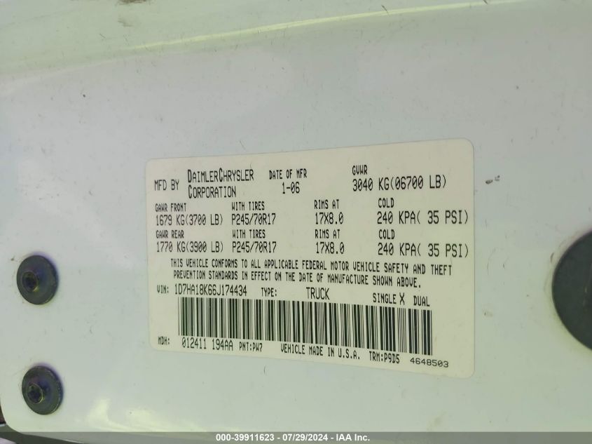 2006 Dodge Ram 1500 St VIN: 1D7HA18K66J174434 Lot: 39911623