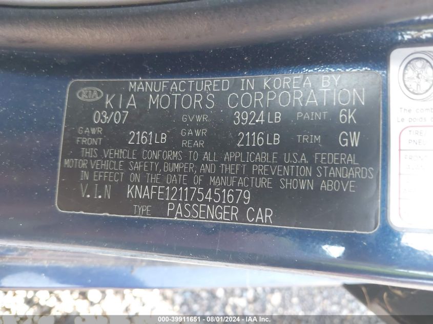 2007 Kia Spectra Ex VIN: KNAFE121175451679 Lot: 39911651