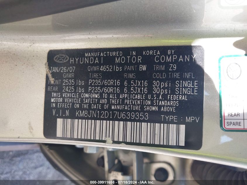 2007 Hyundai Tucson Limited/Se VIN: KM8JN12D17U639353 Lot: 39911658