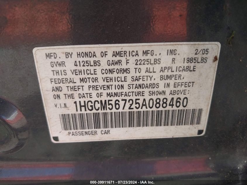 2005 Honda Accord 2.4 Ex VIN: 1HGCM56725A088460 Lot: 39911671