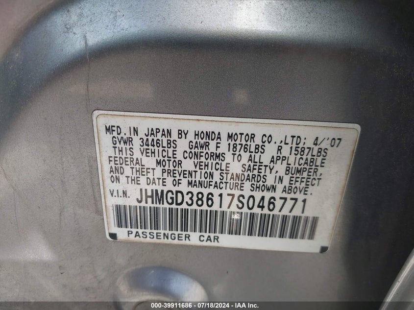 2007 Honda Fit Sport VIN: JHMGD38617S046771 Lot: 39911686