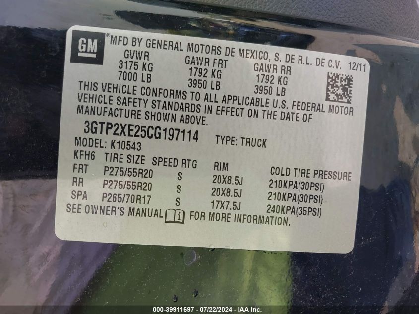 2012 GMC Sierra 1500 Denali VIN: 3GTP2XE25CG197114 Lot: 39911697