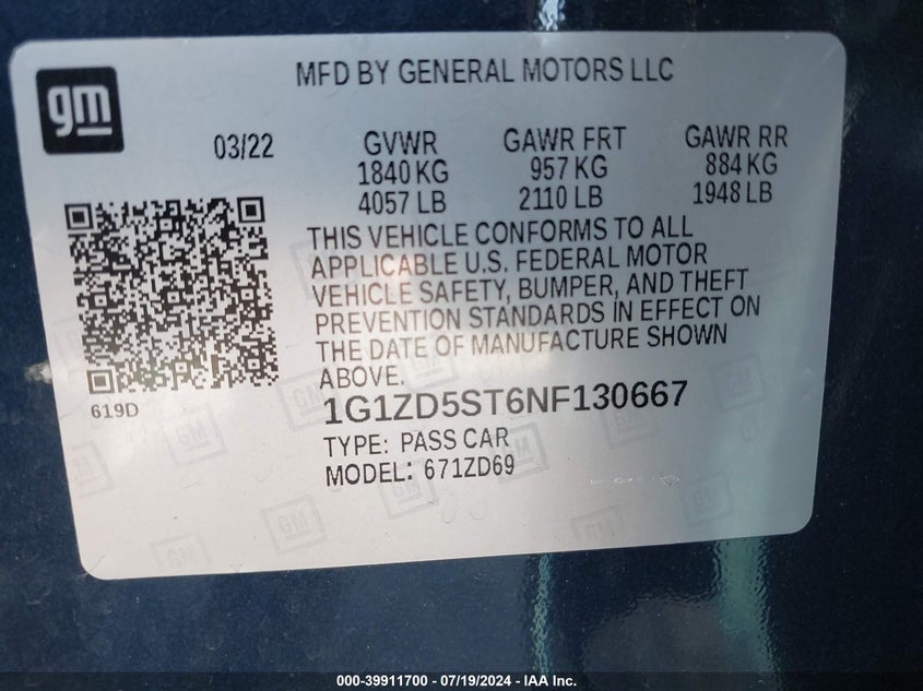 2022 Chevrolet Malibu Lt VIN: 1G1ZD5ST6NF130667 Lot: 39911700