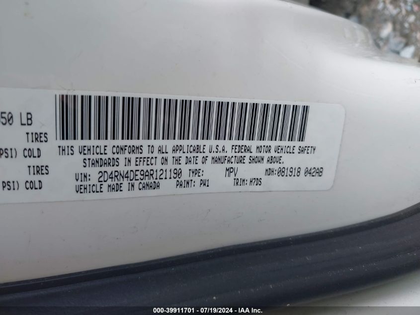 2010 Dodge Grand Caravan Se VIN: 2D4RN4DE9AR121190 Lot: 39911701