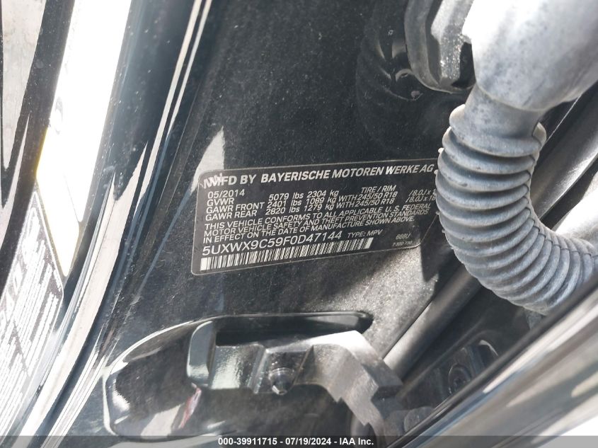 2015 BMW X3 xDrive28I VIN: 5UXWX9C59F0D47144 Lot: 39911715