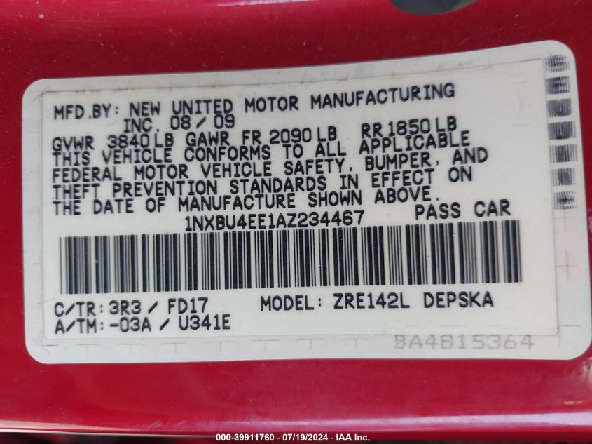 2010 Toyota Corolla S/Le/Xle VIN: 1NXBU4EE1AZ234467 Lot: 39911760