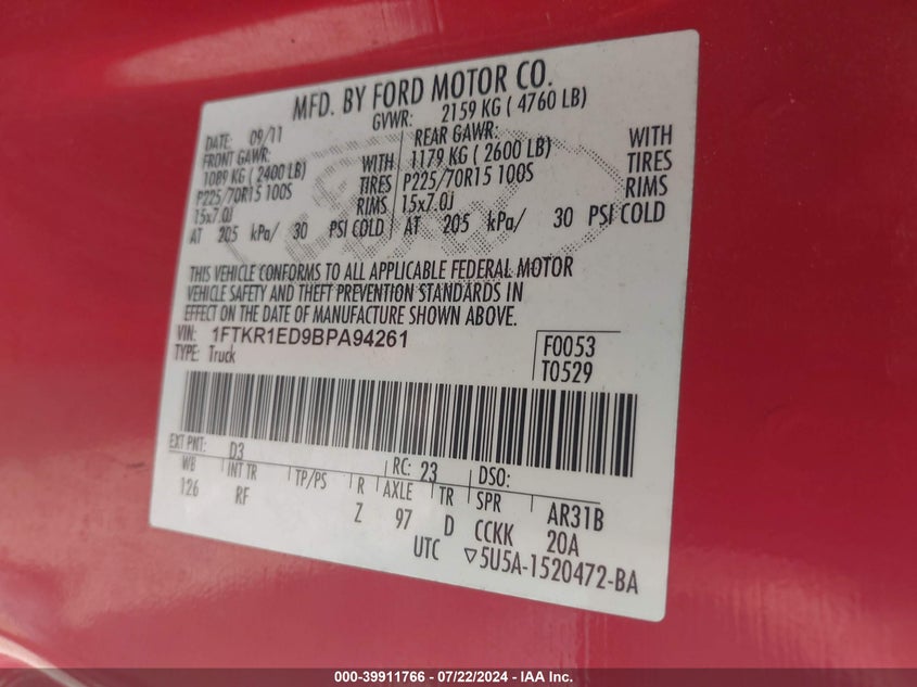 2011 Ford Ranger Xlt VIN: 1FTKR1ED9BPA94261 Lot: 39911766