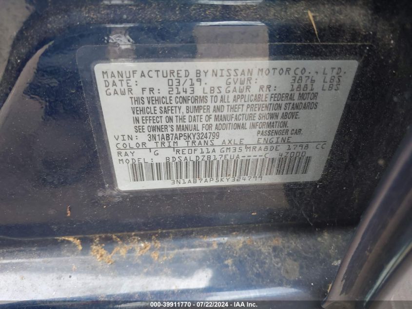 2019 Nissan Sentra Sv VIN: 3N1AB7AP5KY324799 Lot: 39911770