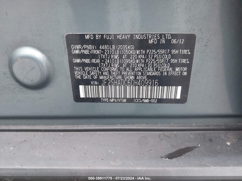 2013 Subaru Forester 2.5X Premium VIN: JF2SHADC6DH409916 Lot: 39911775