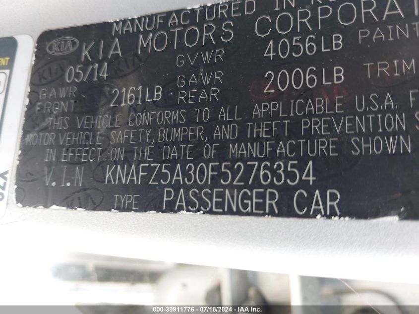 2015 Kia Forte Sx VIN: KNAFZ5A30F5276354 Lot: 39911776
