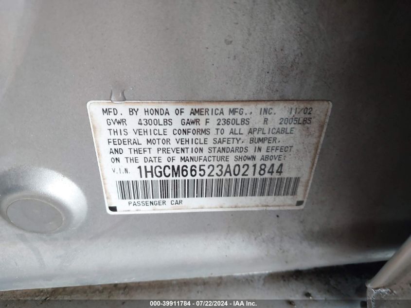 1HGCM66523A021844 2003 Honda Accord 3.0 Ex