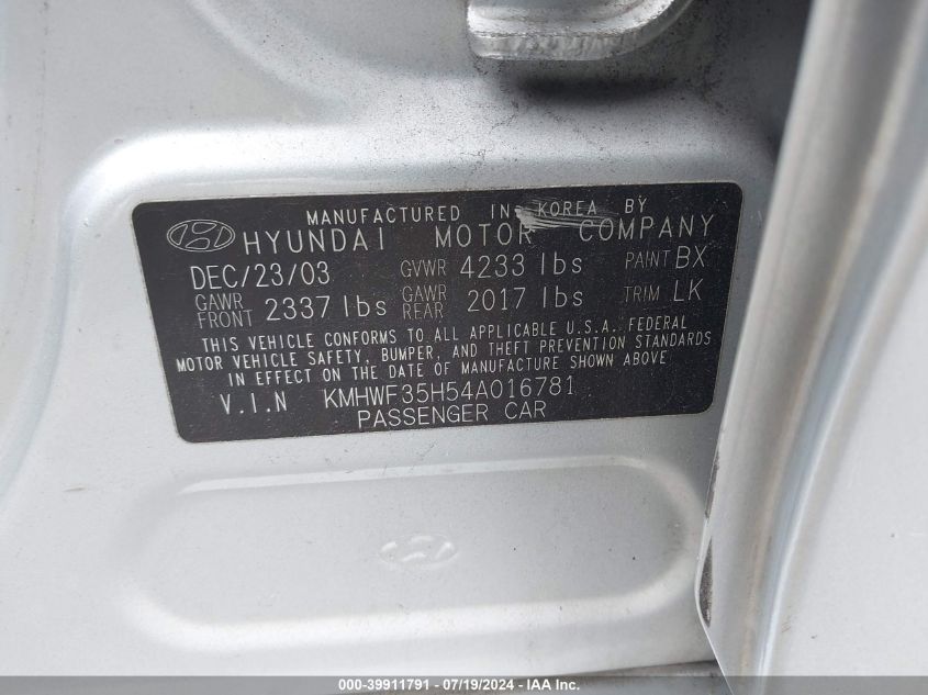 2004 Hyundai Sonata Gls/Lx VIN: KMHWF35H54A016781 Lot: 39911791