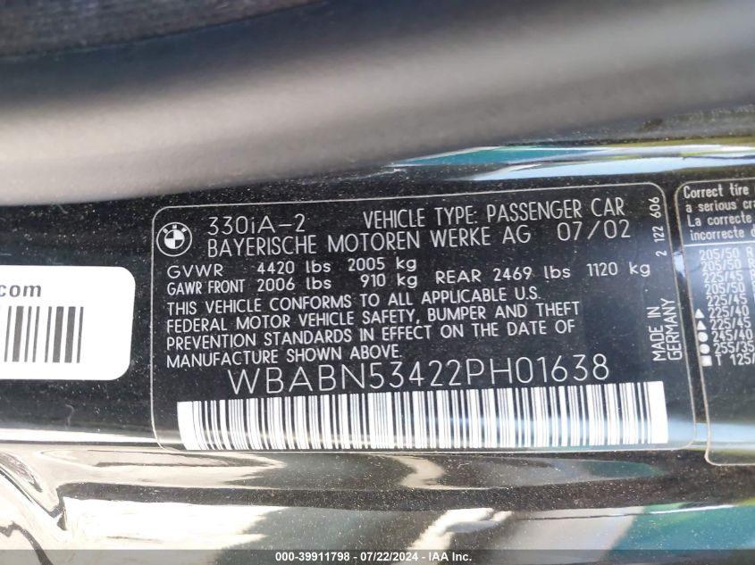 2002 BMW 330Ci VIN: WBABN53422PH01638 Lot: 39911798