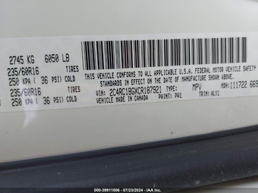 2012 Chrysler Town & Country Touring VIN: 2C4RC1BGXCR187921 Lot: 39911806