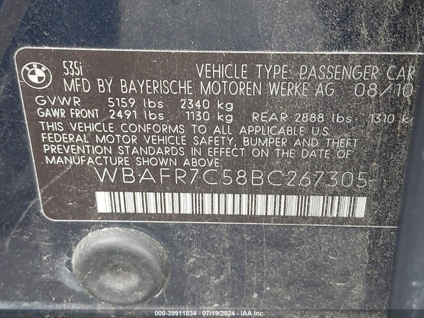 2011 BMW 535I 535I VIN: WBAFR7C58BC267305 Lot: 39911834