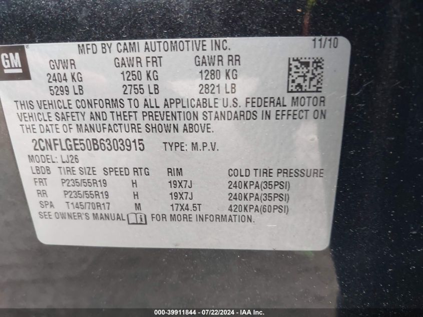 2011 Chevrolet Equinox Ltz VIN: 2CNFLGE50B6303915 Lot: 39911844