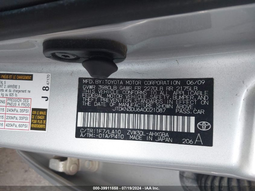 2010 Toyota Prius Iv VIN: JTDKN3DU6A0021087 Lot: 39911858