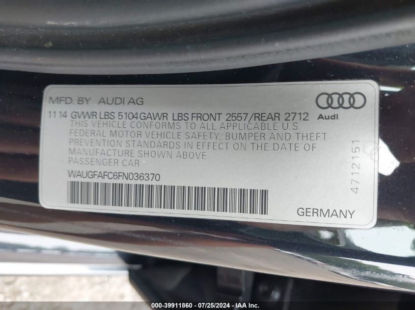 2015 Audi A6 2.0T Premium VIN: WAUGFAFC6FN036370 Lot: 39911860
