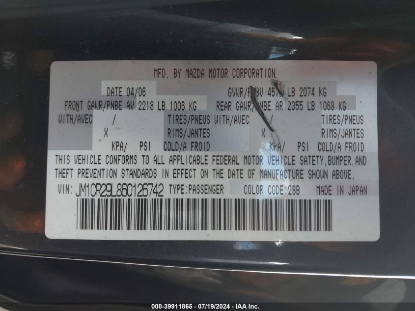 2006 Mazda Mazda5 Sport VIN: JM1CR29L860126742 Lot: 39911865